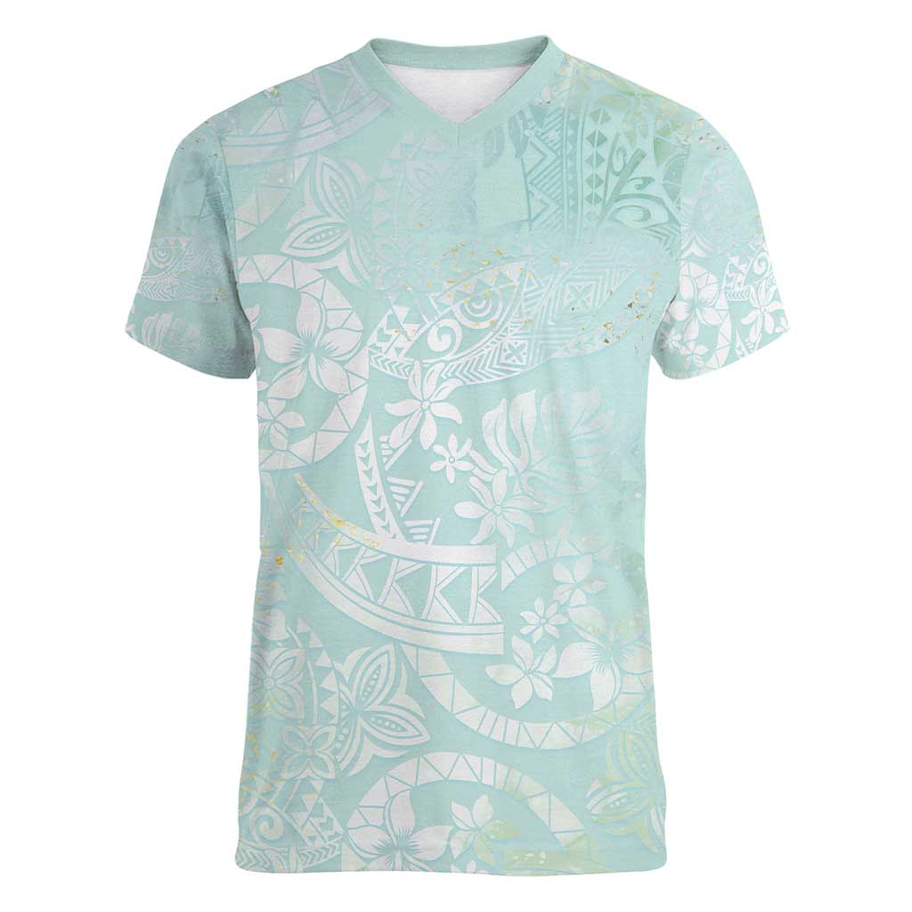 Polynesian Tiare Monstera Seafoam Green Women V-Neck T-Shirt Liquid Style - Polynesian Pride
