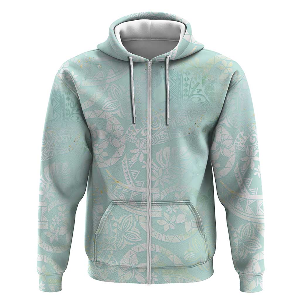 Polynesian Tiare Monstera Seafoam Green Zip Hoodie Liquid Style - Polynesian Pride