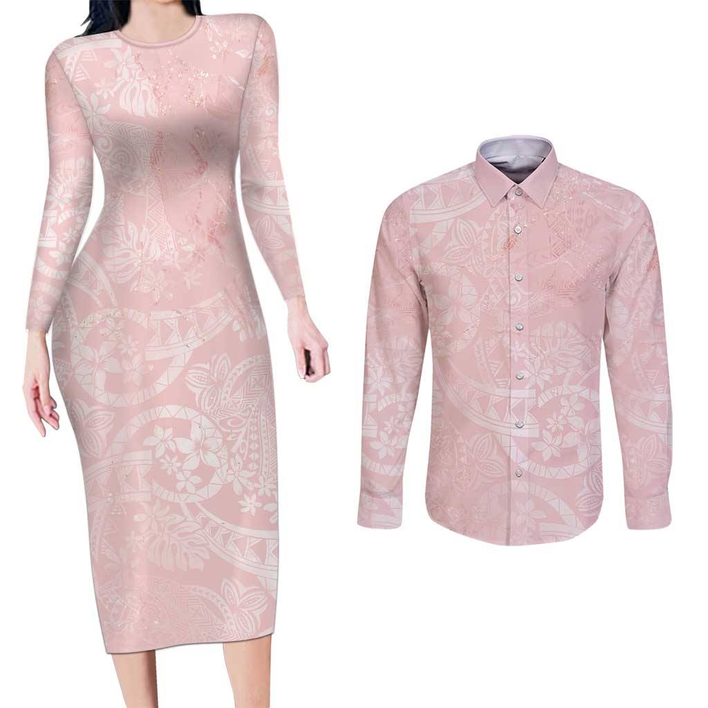 Polynesian Tiare Monstera Soft Pink Couples Matching Long Sleeve Bodycon Dress and Long Sleeve Button Shirt Liquid Style - Polynesian Pride