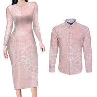 Polynesian Tiare Monstera Soft Pink Couples Matching Long Sleeve Bodycon Dress and Long Sleeve Button Shirt Liquid Style - Polynesian Pride
