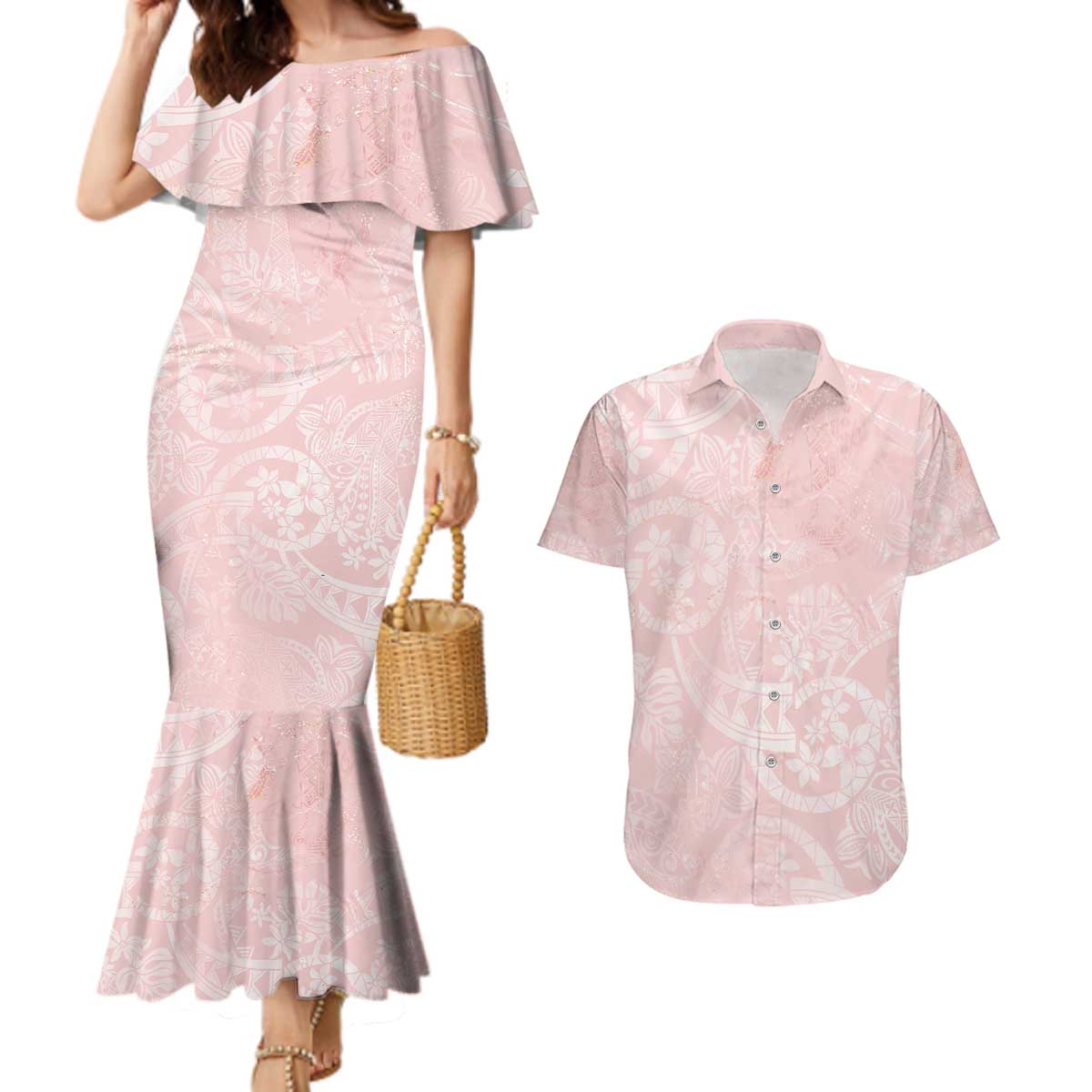 Polynesian Tiare Monstera Soft Pink Couples Matching Mermaid Dress and Hawaiian Shirt Liquid Style LT01 Pink - Polynesian Pride