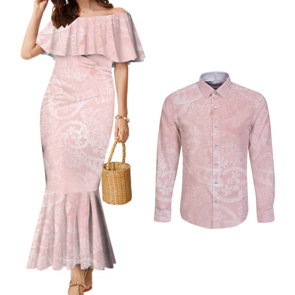 Polynesian Tiare Monstera Soft Pink Couples Matching Mermaid Dress and Long Sleeve Button Shirt Liquid Style - Polynesian Pride