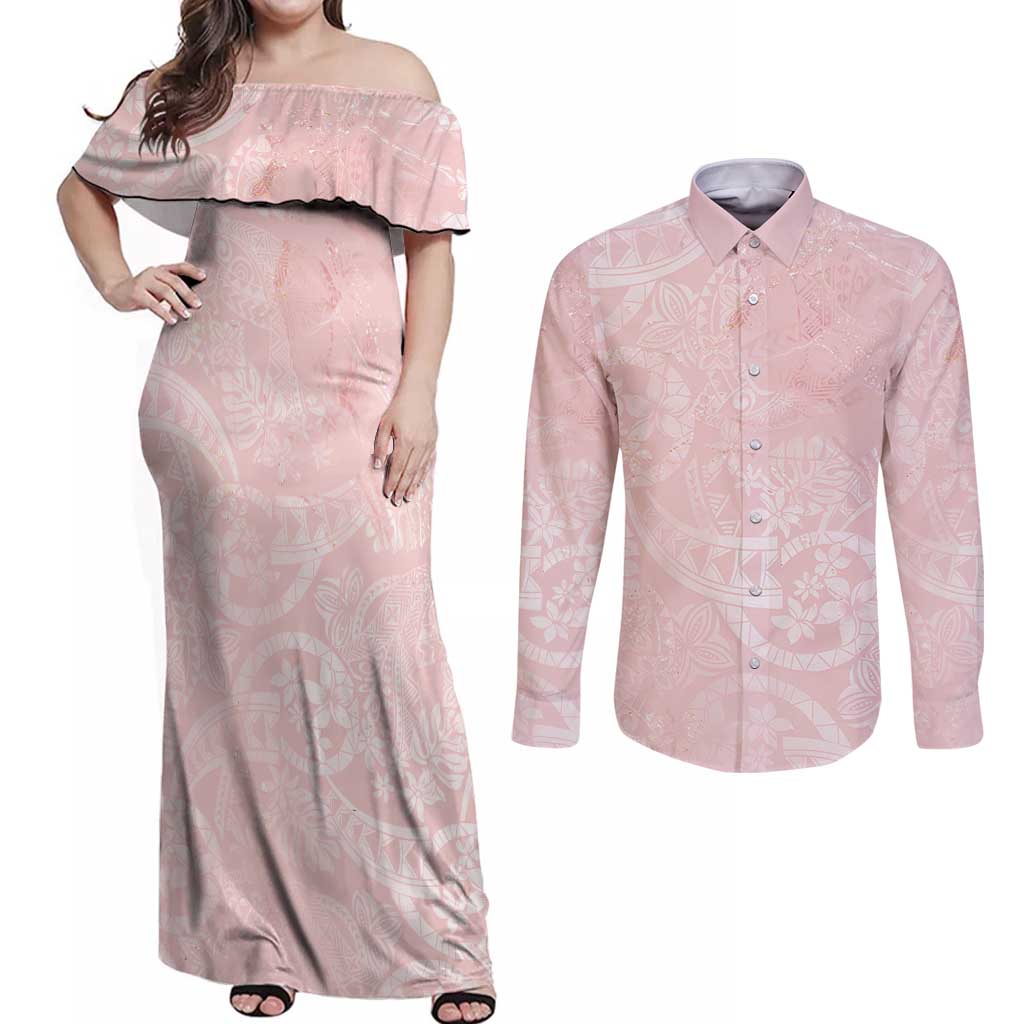 Polynesian Tiare Monstera Soft Pink Couples Matching Off Shoulder Maxi Dress and Long Sleeve Button Shirt Liquid Style - Polynesian Pride
