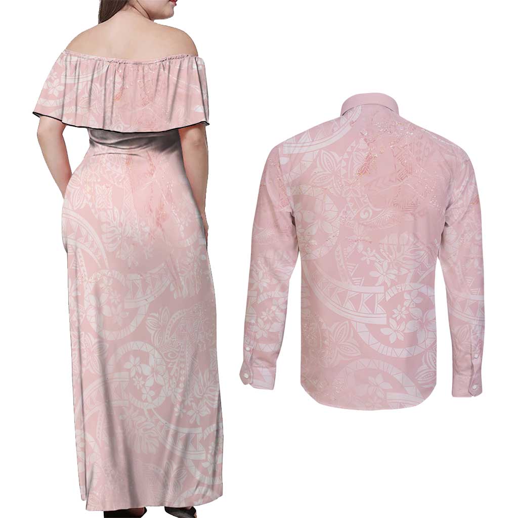 Polynesian Tiare Monstera Soft Pink Couples Matching Off Shoulder Maxi Dress and Long Sleeve Button Shirt Liquid Style - Polynesian Pride