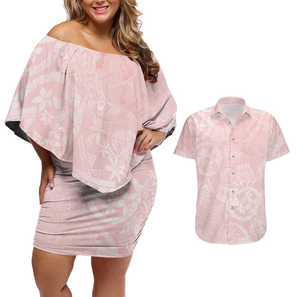 Polynesian Tiare Monstera Soft Pink Couples Matching Off Shoulder Short Dress and Hawaiian Shirt Liquid Style LT01 Pink - Polynesian Pride