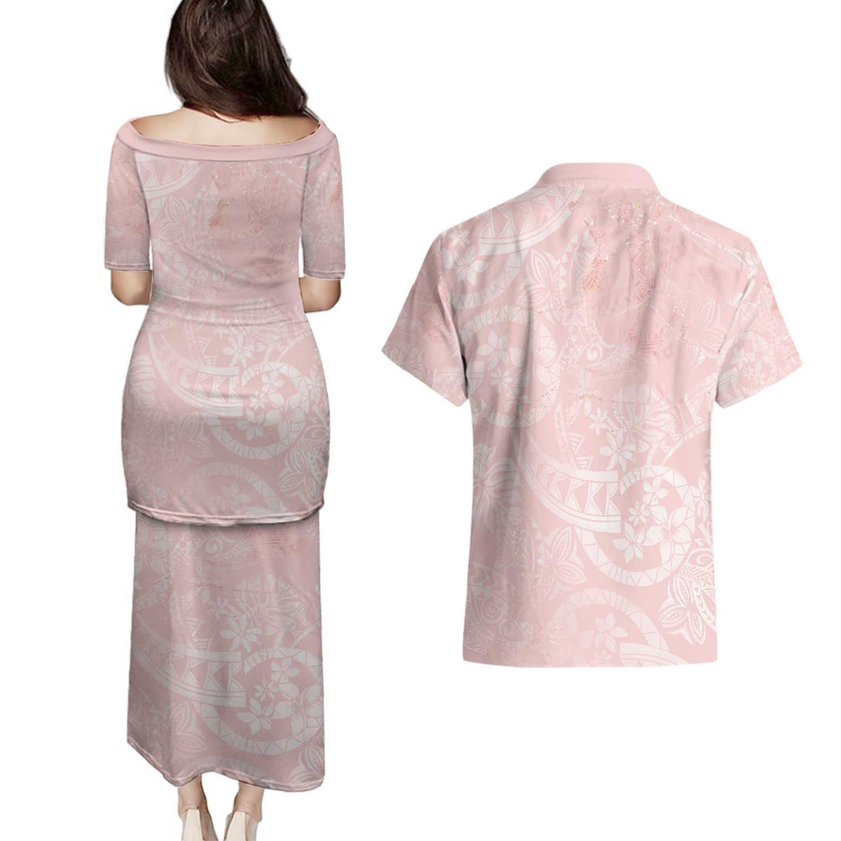 Polynesian Tiare Monstera Soft Pink Couples Matching Puletasi and Hawaiian Shirt Liquid Style - Polynesian Pride