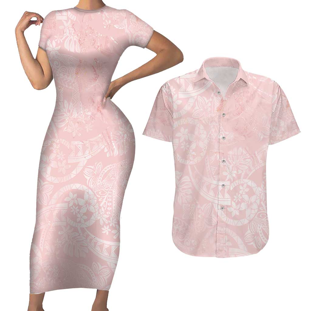 Polynesian Tiare Monstera Soft Pink Couples Matching Short Sleeve Bodycon Dress and Hawaiian Shirt Liquid Style LT01 Pink - Polynesian Pride
