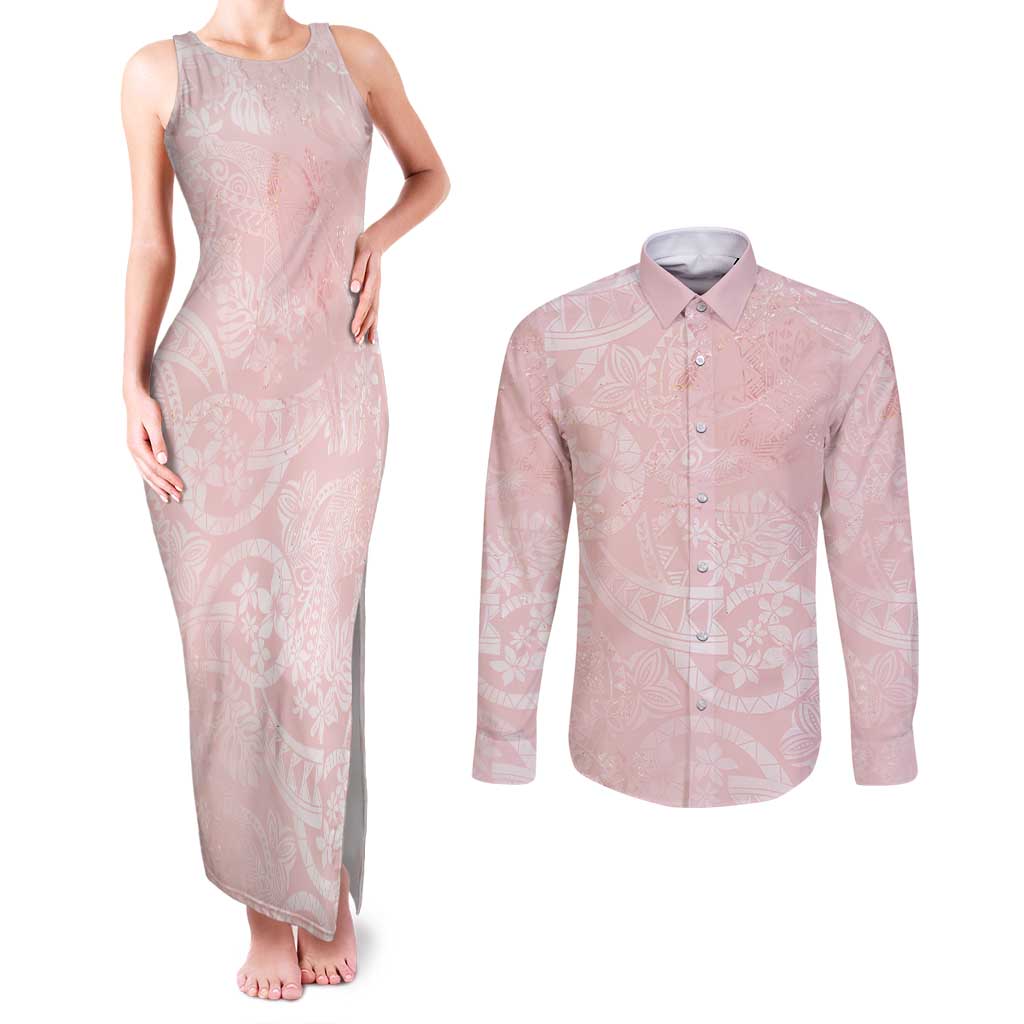 Polynesian Tiare Monstera Soft Pink Couples Matching Tank Maxi Dress and Long Sleeve Button Shirt Liquid Style - Polynesian Pride