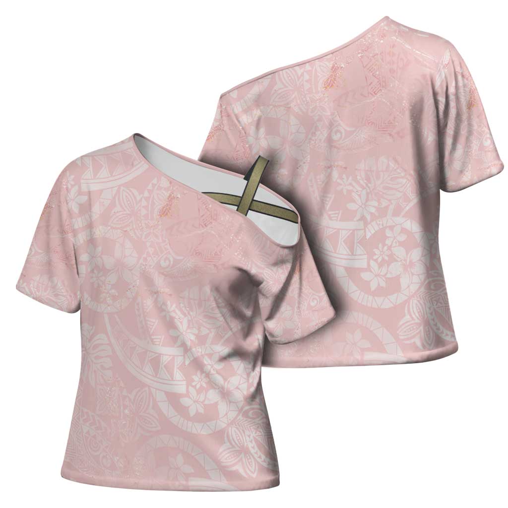 Polynesian Tiare Monstera Soft Pink Cross Shoulder Shirt Liquid Style - Polynesian Pride
