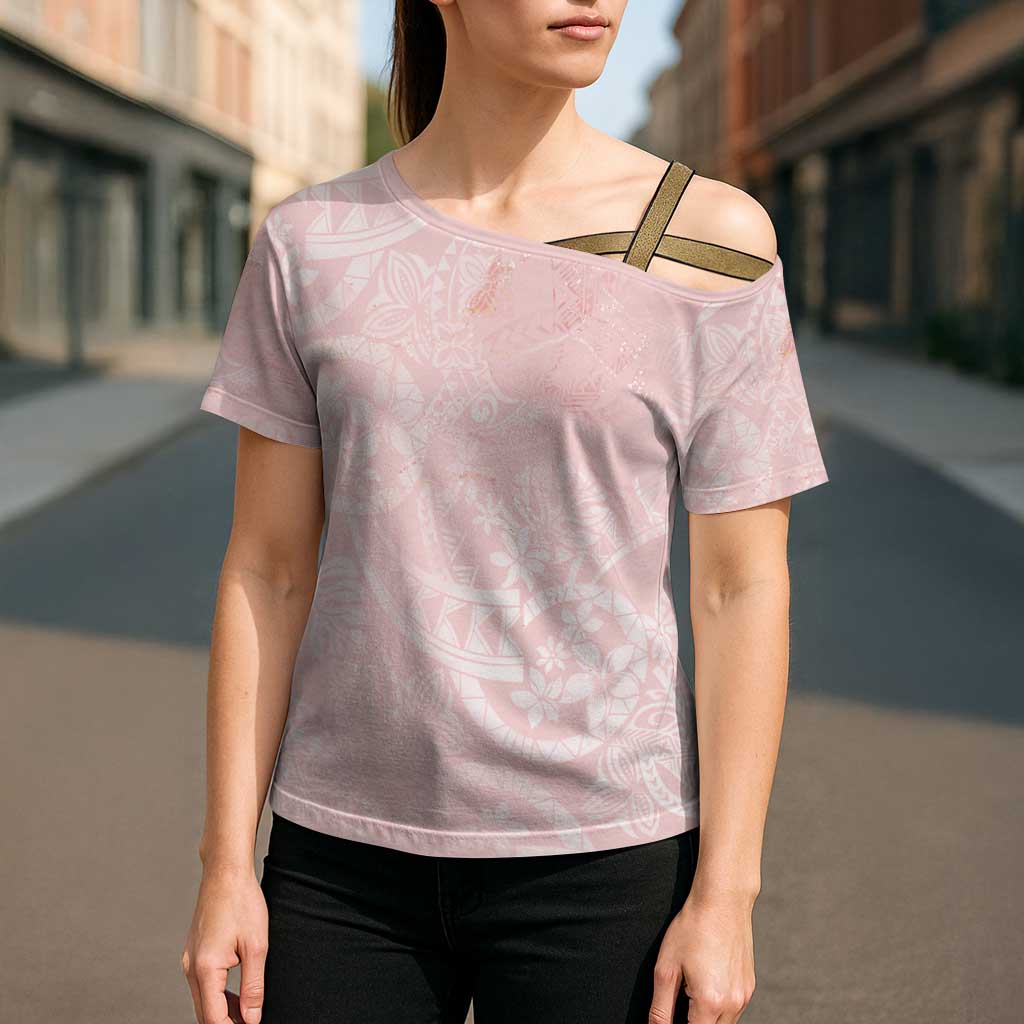 Polynesian Tiare Monstera Soft Pink Cross Shoulder Shirt Liquid Style - Polynesian Pride