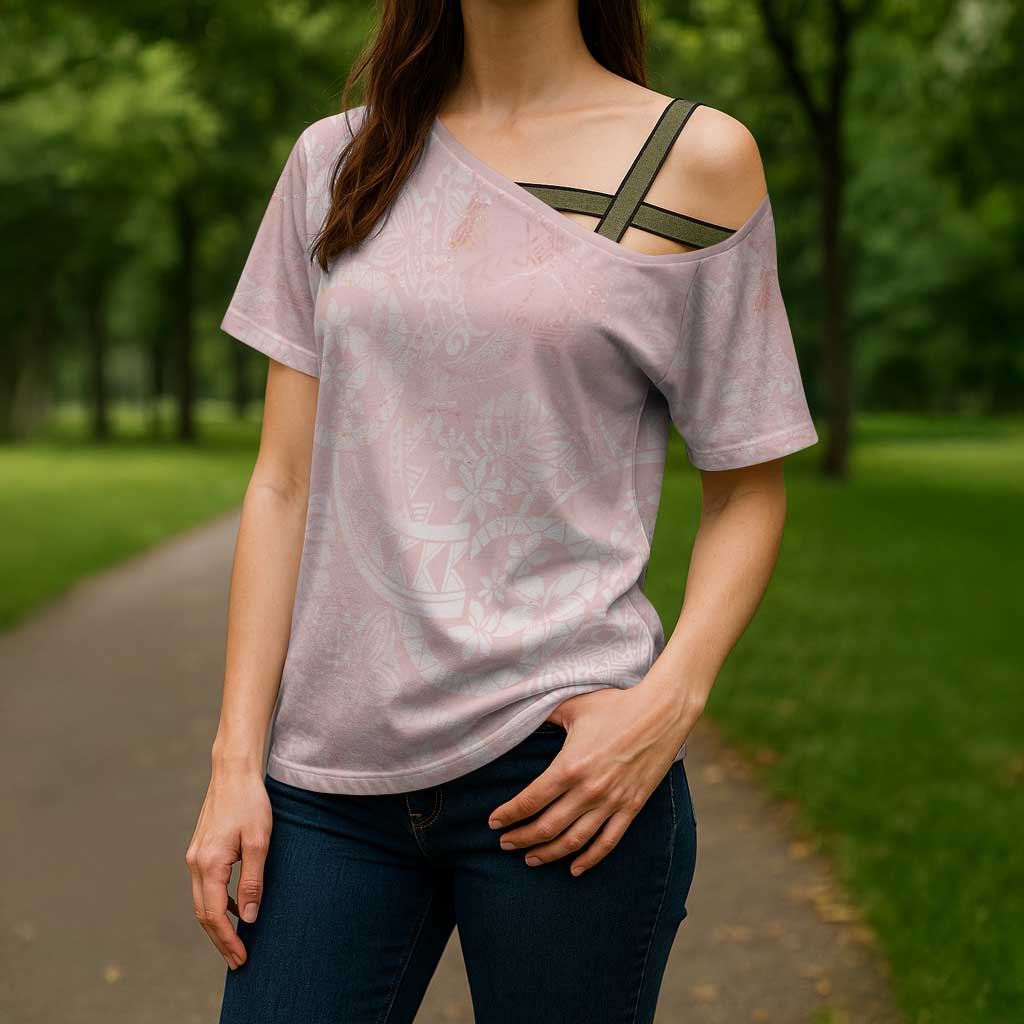 Polynesian Tiare Monstera Soft Pink Cross Shoulder Shirt Liquid Style - Polynesian Pride