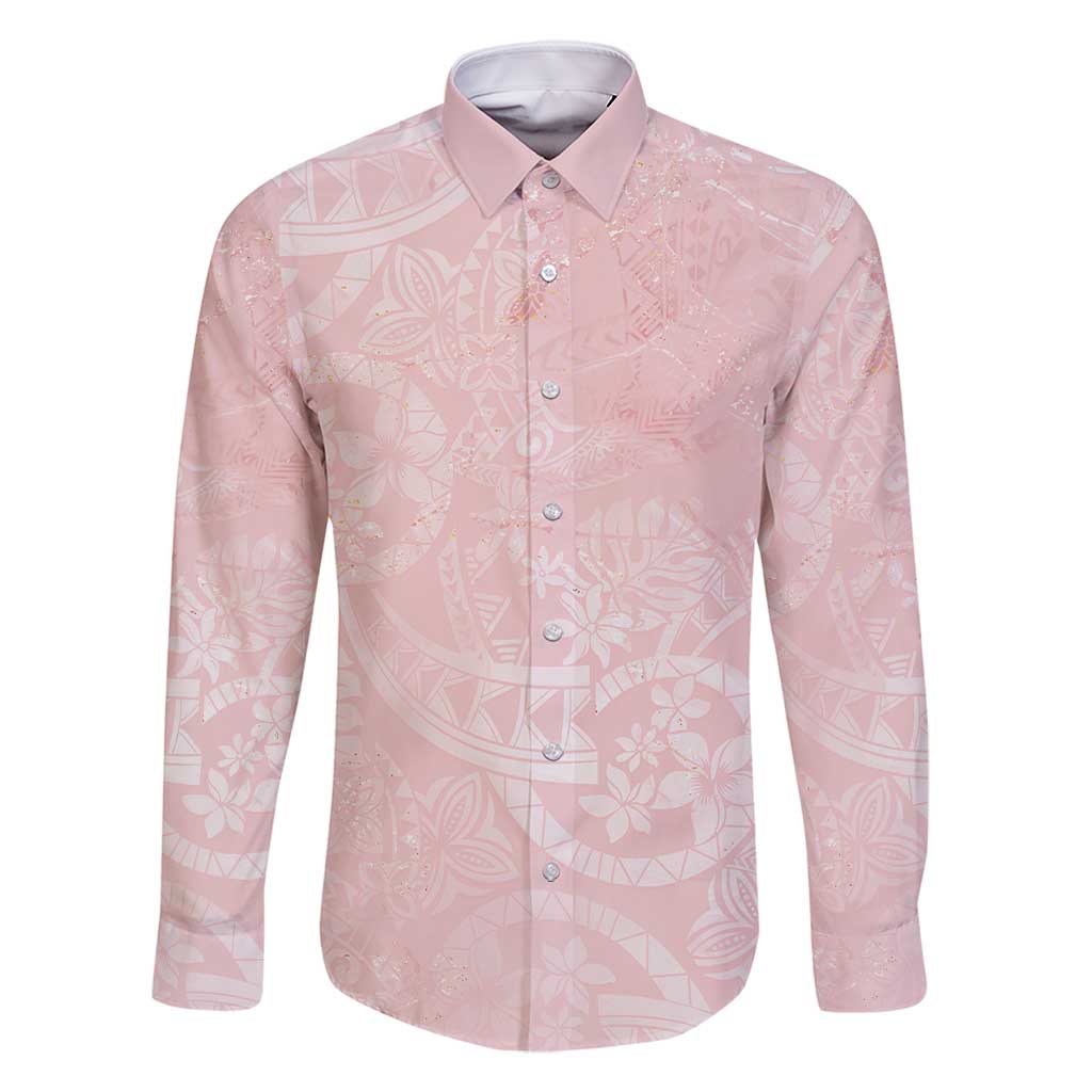 Polynesian Tiare Monstera Soft Pink Family Matching Mermaid Dress and Hawaiian Shirt Liquid Style LT01 Dad's Shirt - Long Sleeve Pink - Polynesian Pride