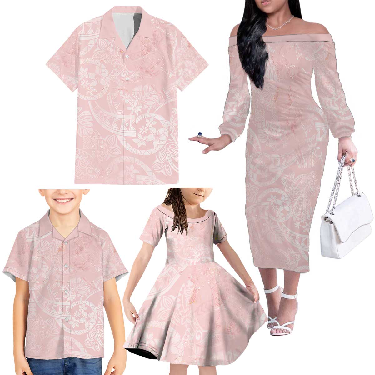 Polynesian Tiare Monstera Soft Pink Family Matching Off The Shoulder Long Sleeve Dress and Hawaiian Shirt Liquid Style - Polynesian Pride