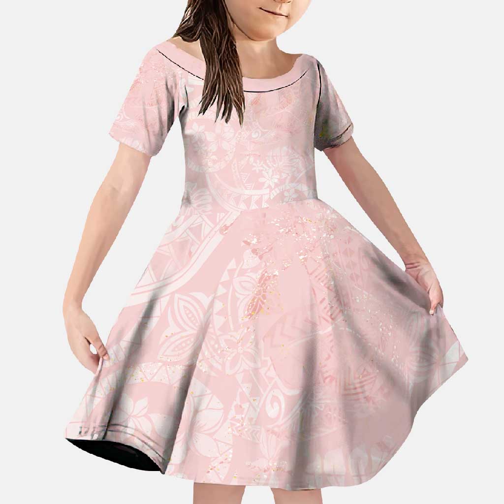 Polynesian Tiare Monstera Soft Pink Family Matching Short Sleeve Bodycon Dress and Hawaiian Shirt Liquid Style LT01 Daughter's Dress Pink - Polynesian Pride