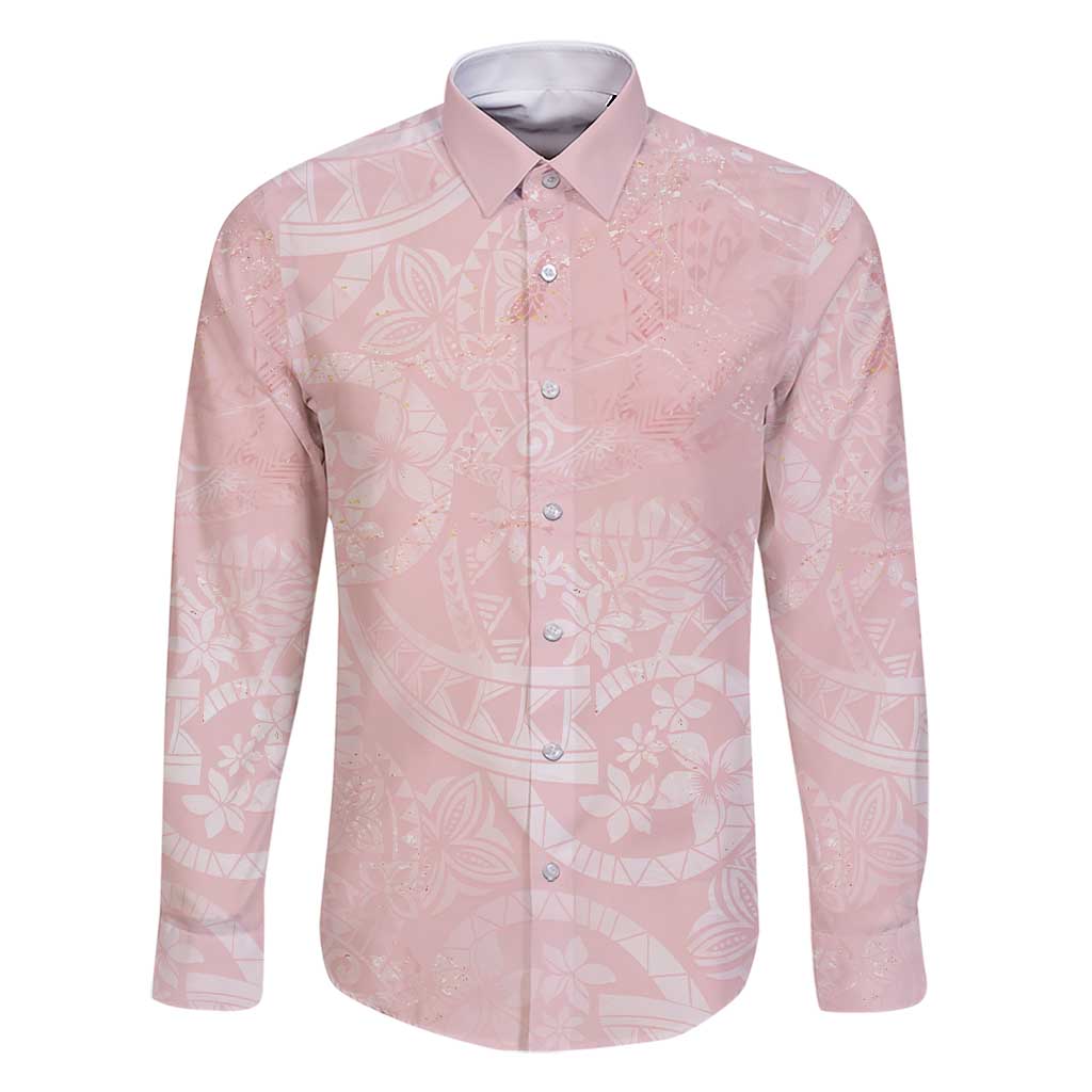 Polynesian Tiare Monstera Soft Pink Family Matching Short Sleeve Bodycon Dress and Hawaiian Shirt Liquid Style LT01 Dad's Shirt - Long Sleeve Pink - Polynesian Pride