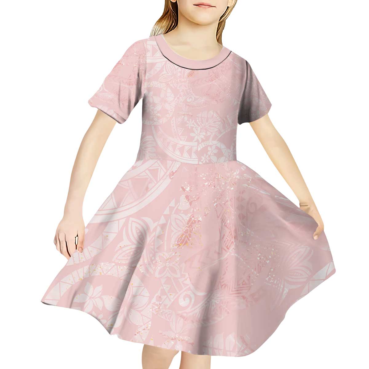 Polynesian Tiare Monstera Soft Pink Kid Short Sleeve Dress Liquid Style - Polynesian Pride
