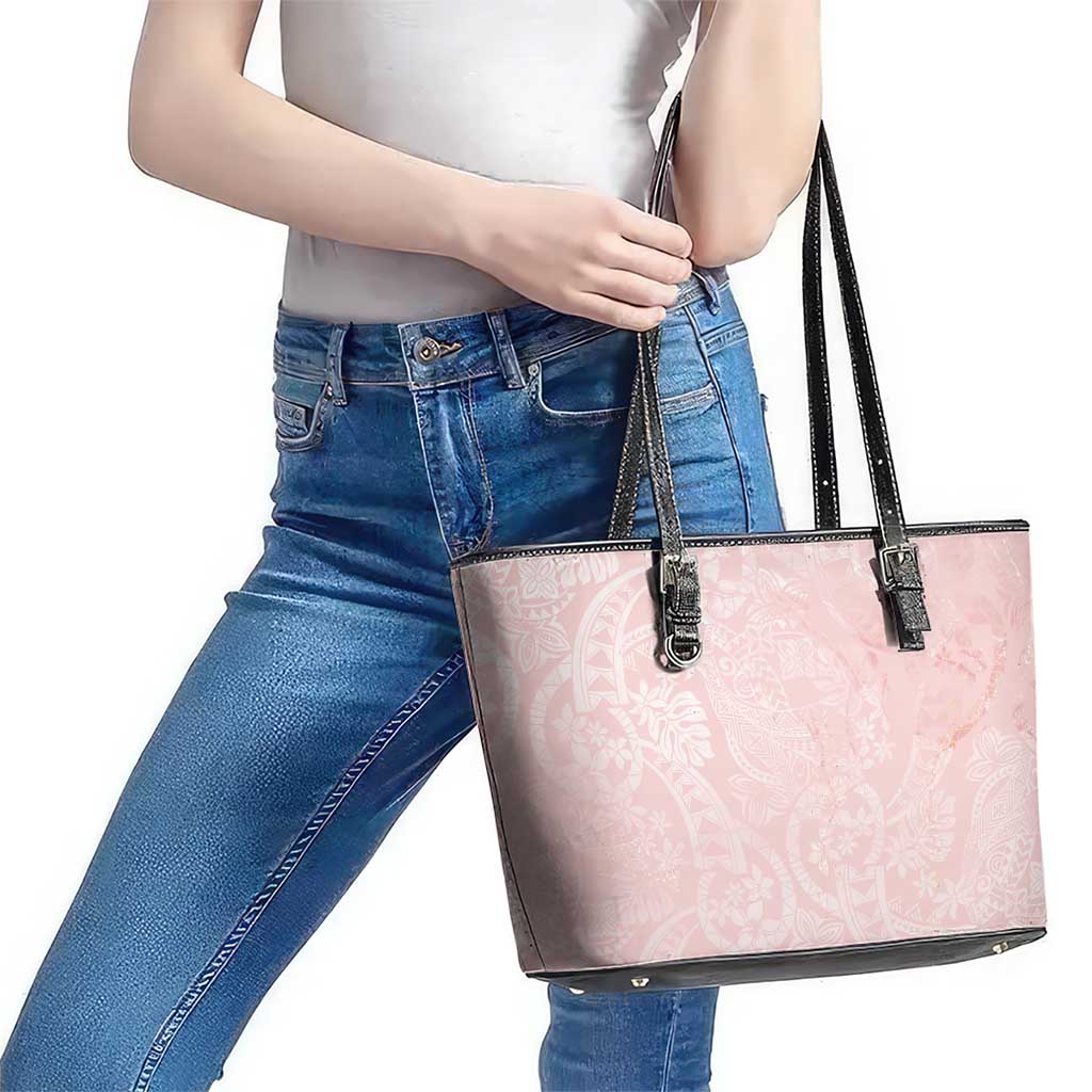 Polynesian Tiare Monstera Soft Pink Leather Tote Bag Liquid Style - Polynesian Pride