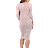 Polynesian Tiare Monstera Soft Pink Long Sleeve Bodycon Dress Liquid Style - Polynesian Pride