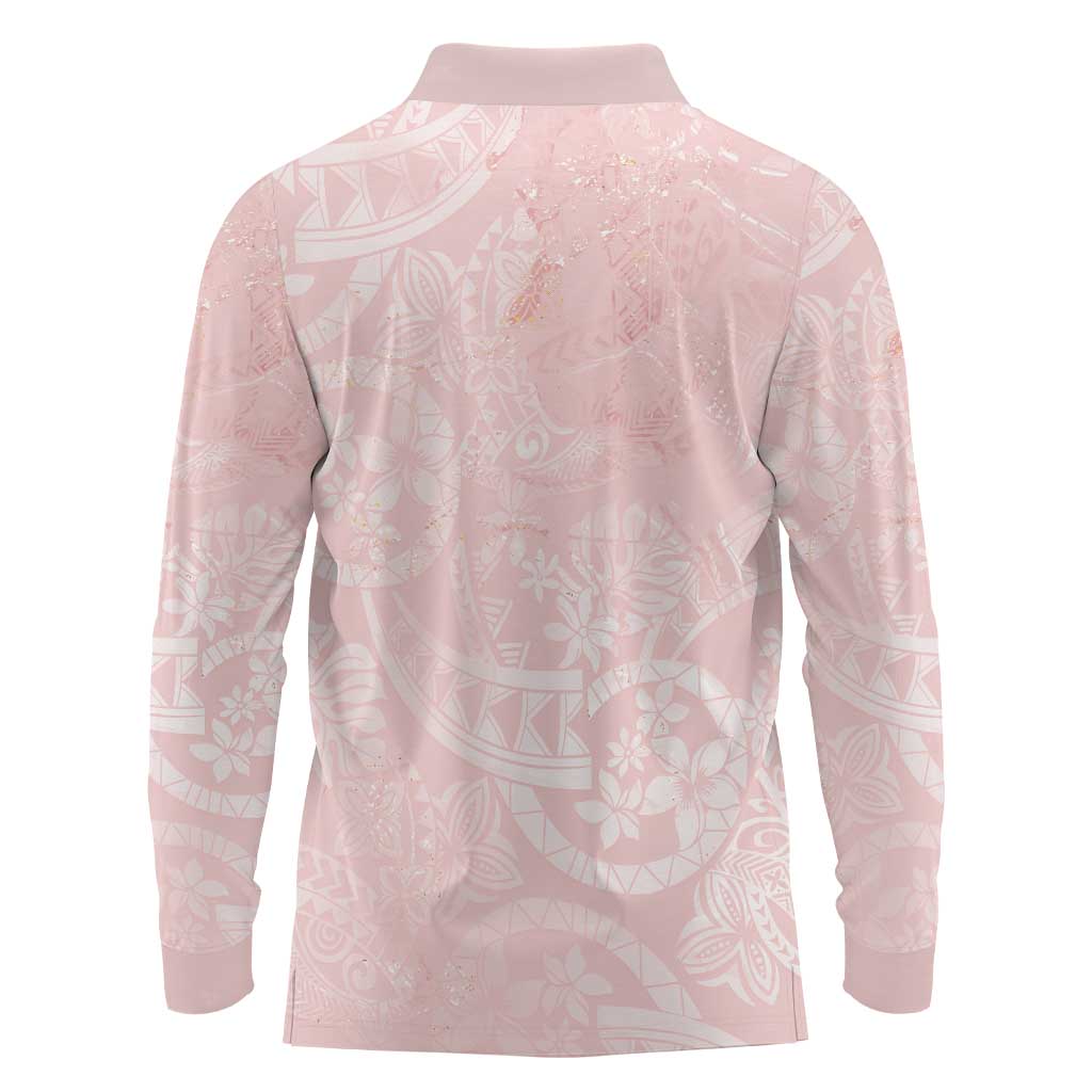 Polynesian Tiare Monstera Soft Pink Long Sleeve Polo Shirt Liquid Style - Polynesian Pride