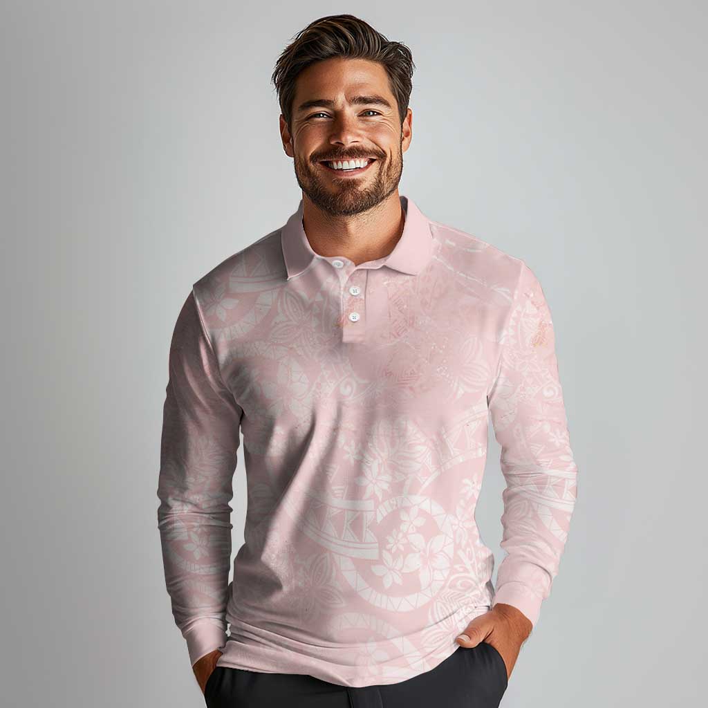 Polynesian Tiare Monstera Soft Pink Long Sleeve Polo Shirt Liquid Style - Polynesian Pride