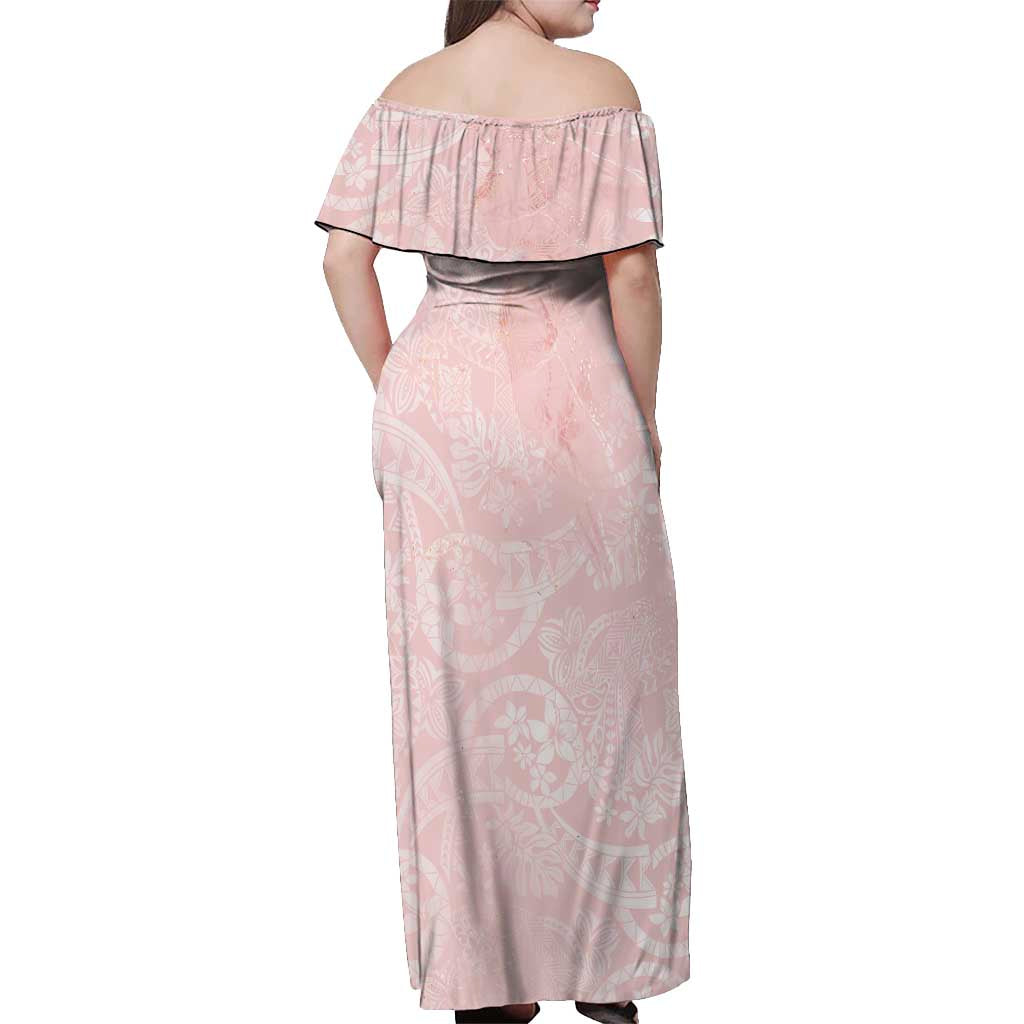 Polynesian Tiare Monstera Soft Pink Off Shoulder Maxi Dress Liquid Style - Polynesian Pride