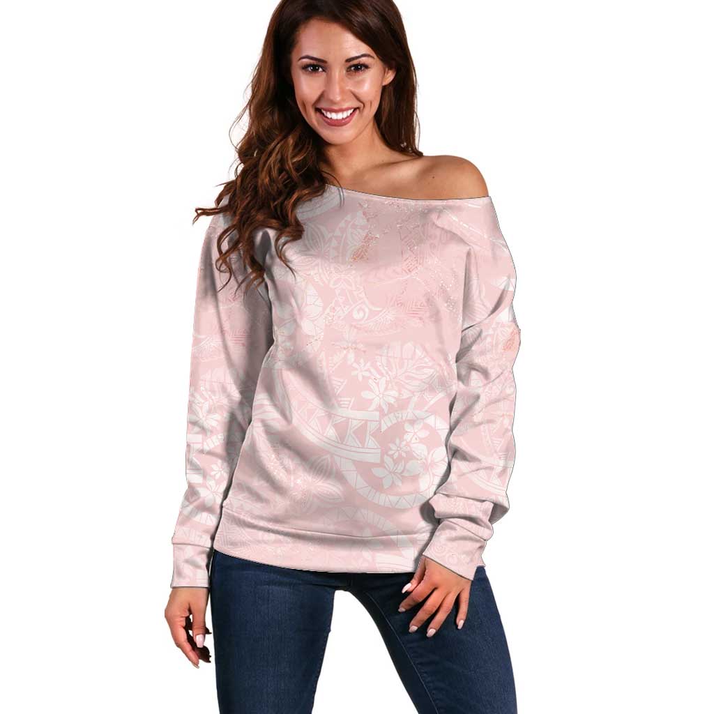 Polynesian Tiare Monstera Soft Pink Off Shoulder Sweater Liquid Style - Polynesian Pride