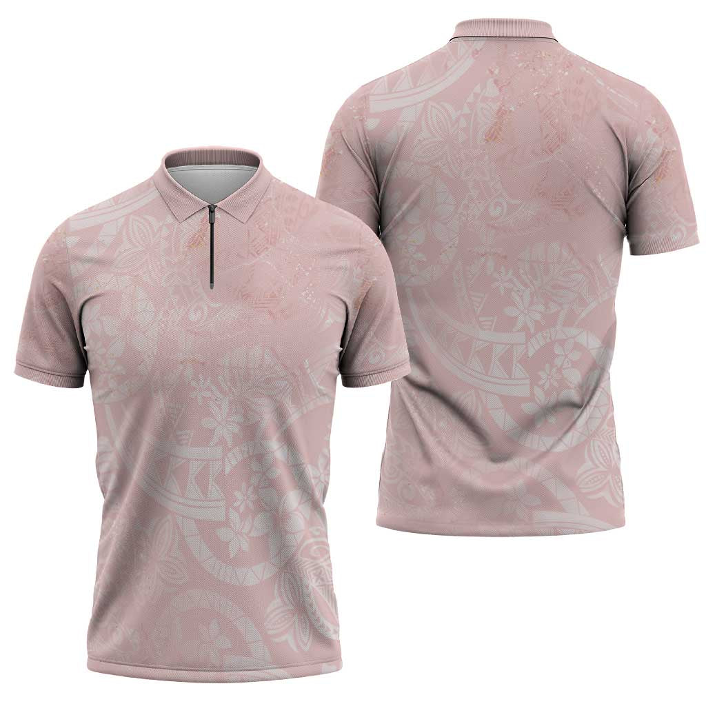 Polynesian Tiare Monstera Soft Pink Zipper Polo Shirt Liquid Style - Polynesian Pride