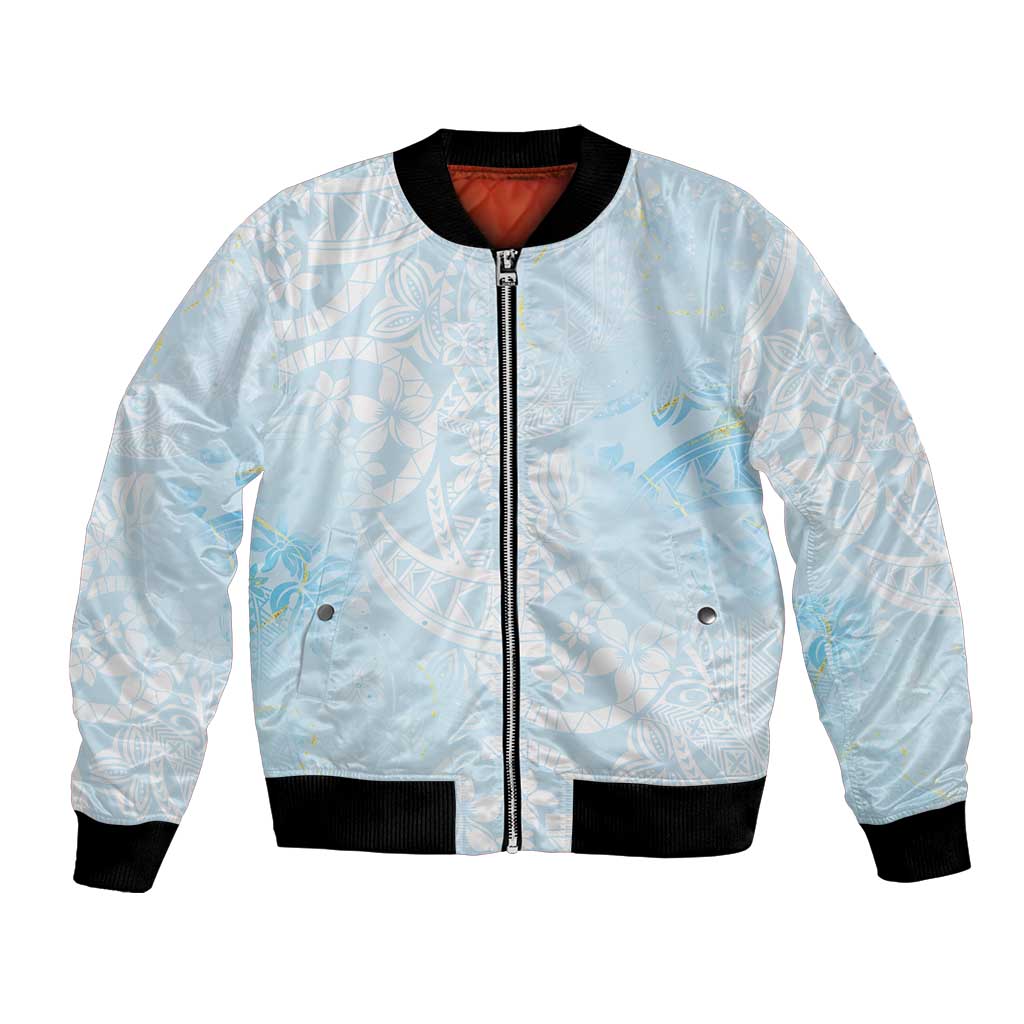 Polynesian Tiare Monstera Baby Blue Bomber Jacket Liquid Style - Polynesian Pride