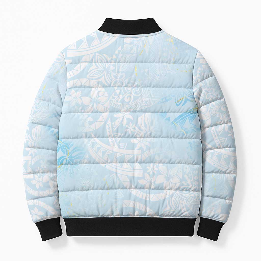Polynesian Tiare Monstera Baby Blue Bomber Puffer Jacket Liquid Style - Polynesian Pride