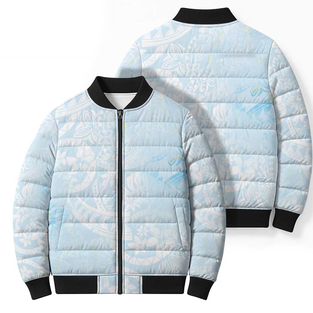 Polynesian Tiare Monstera Baby Blue Bomber Puffer Jacket Liquid Style - Polynesian Pride