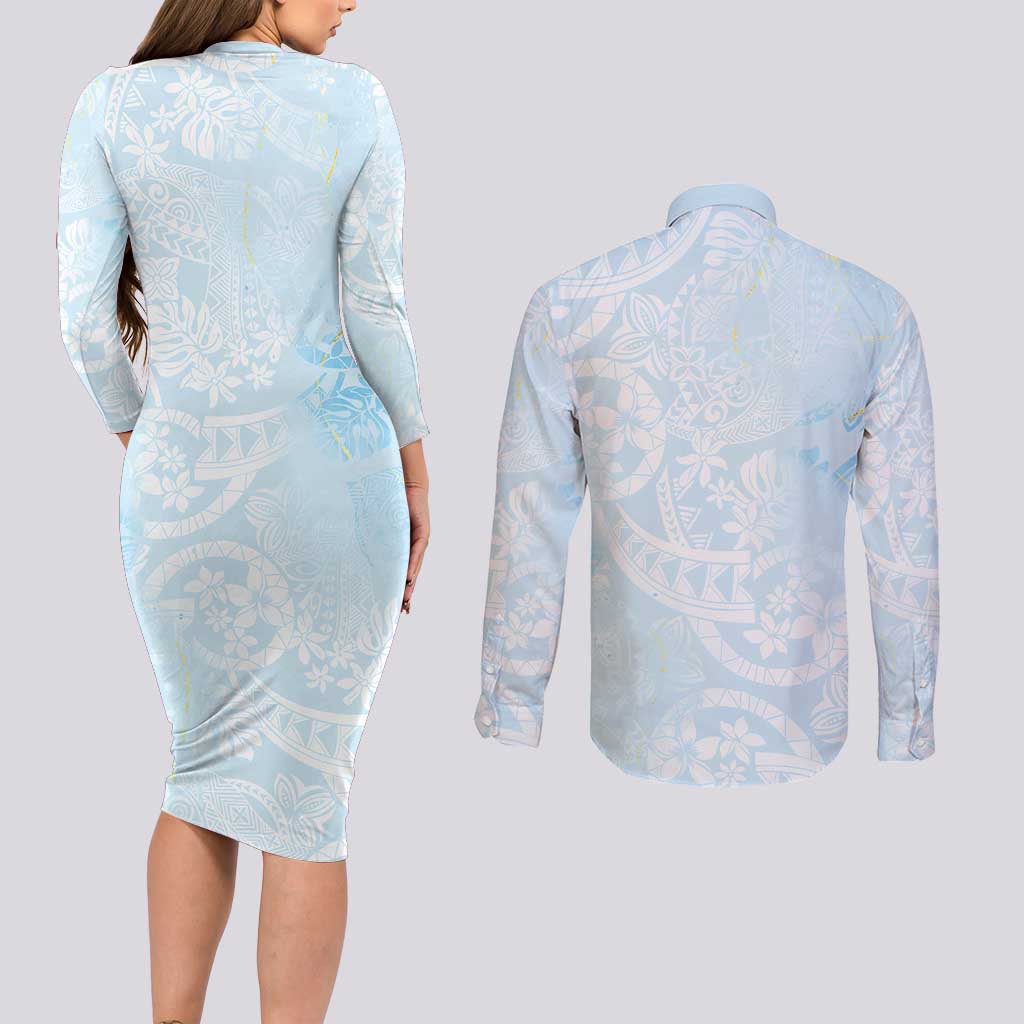 Polynesian Tiare Monstera Baby Blue Couples Matching Long Sleeve Bodycon Dress and Long Sleeve Button Shirt Liquid Style - Polynesian Pride