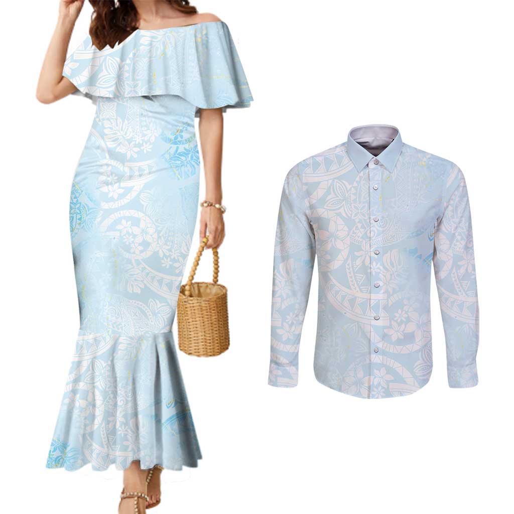 Polynesian Tiare Monstera Baby Blue Couples Matching Mermaid Dress and Long Sleeve Button Shirt Liquid Style - Polynesian Pride