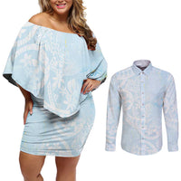 Polynesian Tiare Monstera Baby Blue Couples Matching Off Shoulder Short Dress and Long Sleeve Button Shirt Liquid Style - Polynesian Pride