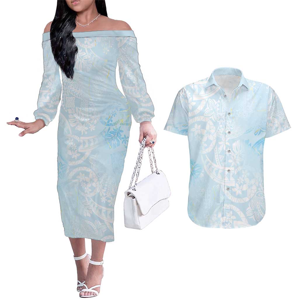 Polynesian Tiare Monstera Baby Blue Couples Matching Off The Shoulder Long Sleeve Dress and Hawaiian Shirt Liquid Style LT01 Blue - Polynesian Pride