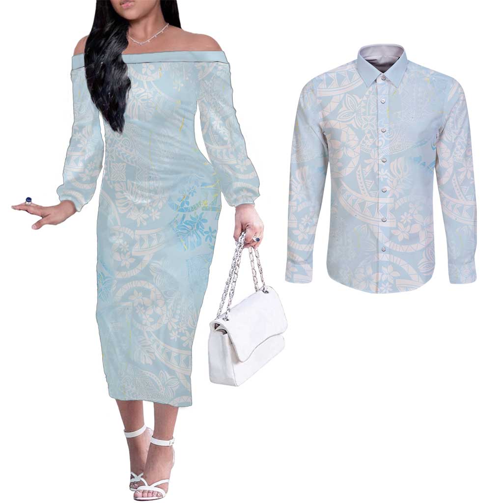 Polynesian Tiare Monstera Baby Blue Couples Matching Off The Shoulder Long Sleeve Dress and Long Sleeve Button Shirt Liquid Style - Polynesian Pride