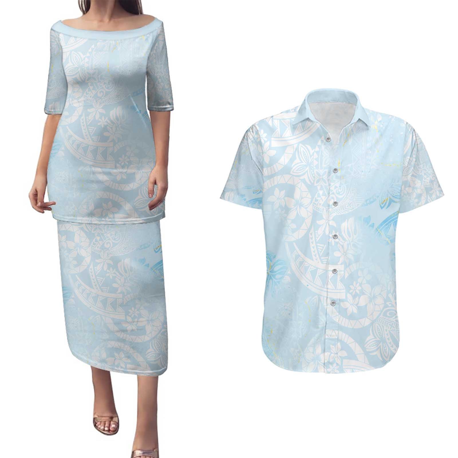 Polynesian Tiare Monstera Baby Blue Couples Matching Puletasi and Hawaiian Shirt Liquid Style LT01 Blue - Polynesian Pride