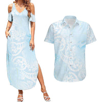 Polynesian Tiare Monstera Baby Blue Couples Matching Summer Maxi Dress and Hawaiian Shirt Liquid Style LT01 Blue - Polynesian Pride