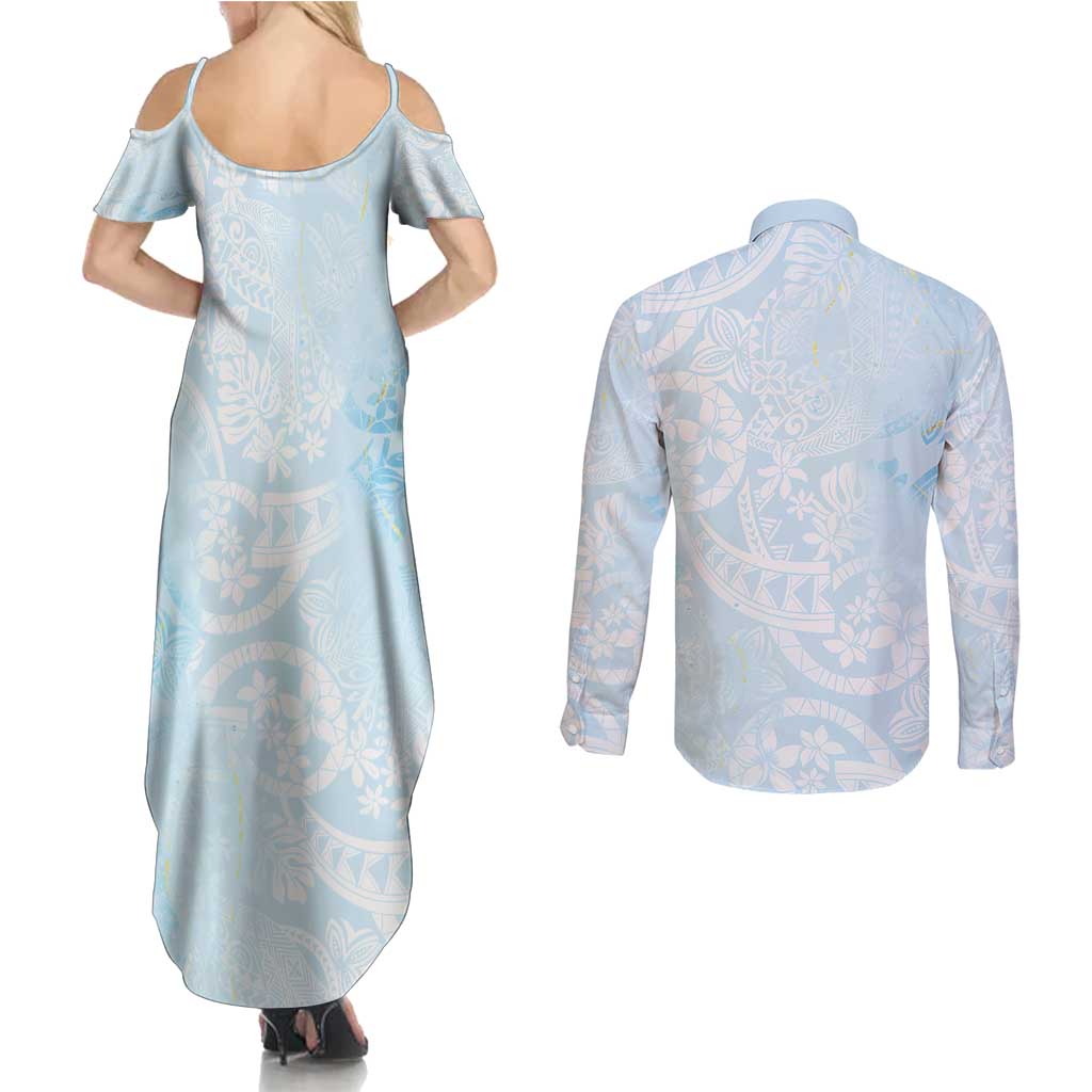Polynesian Tiare Monstera Baby Blue Couples Matching Summer Maxi Dress and Long Sleeve Button Shirt Liquid Style - Polynesian Pride