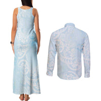 Polynesian Tiare Monstera Baby Blue Couples Matching Tank Maxi Dress and Long Sleeve Button Shirt Liquid Style - Polynesian Pride