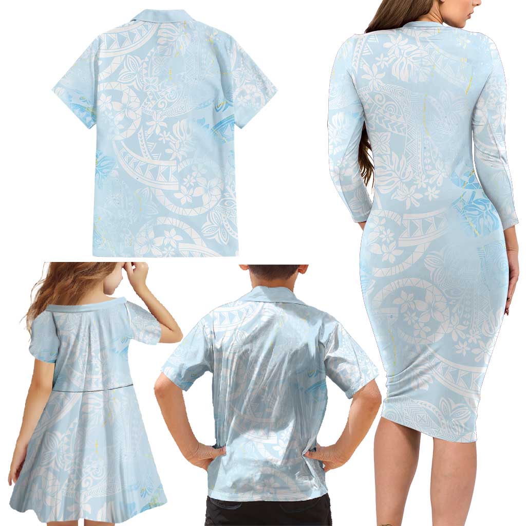 Polynesian Tiare Monstera Baby Blue Family Matching Long Sleeve Bodycon Dress and Hawaiian Shirt Liquid Style - Polynesian Pride