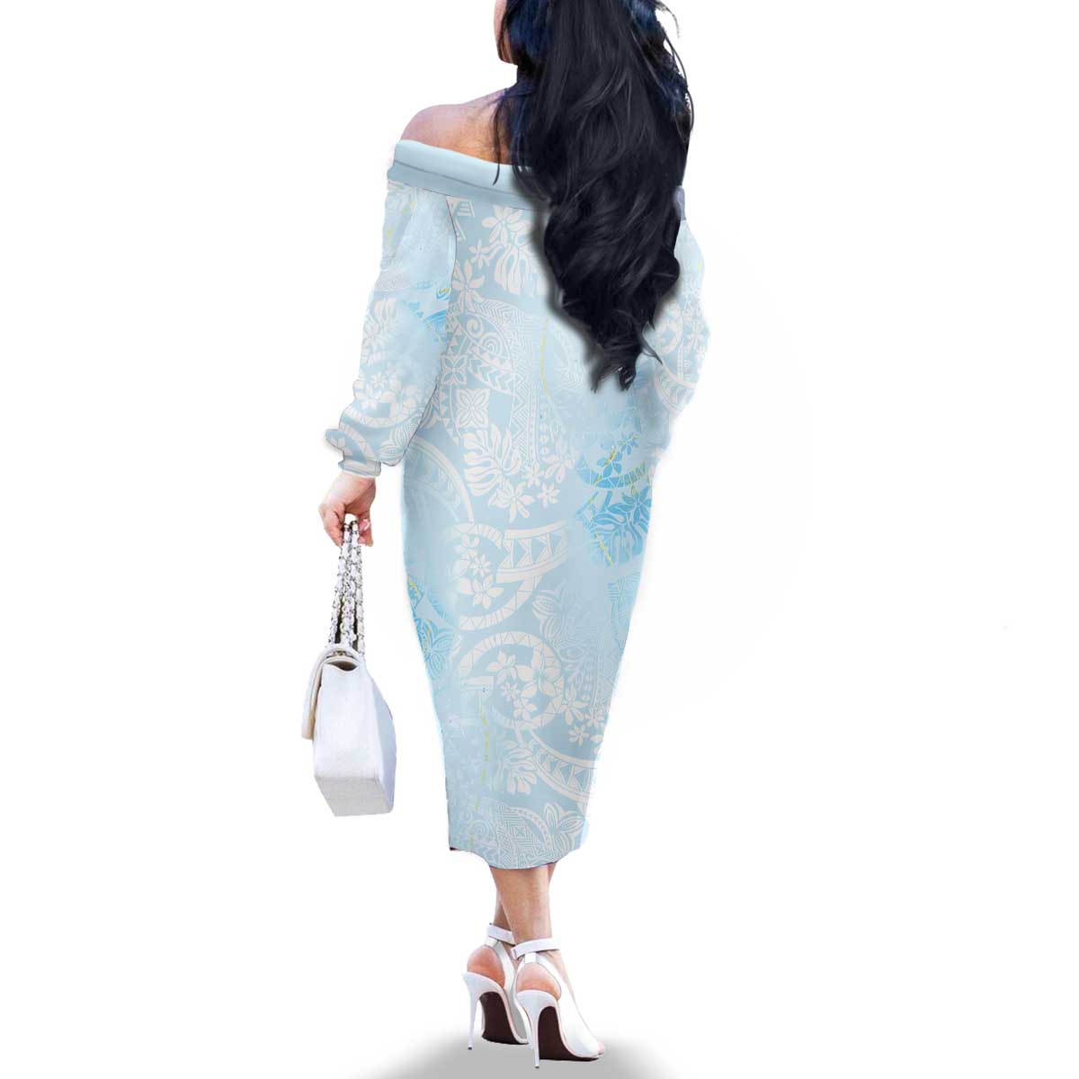 Polynesian Tiare Monstera Baby Blue Family Matching Off The Shoulder Long Sleeve Dress and Hawaiian Shirt Liquid Style - Polynesian Pride