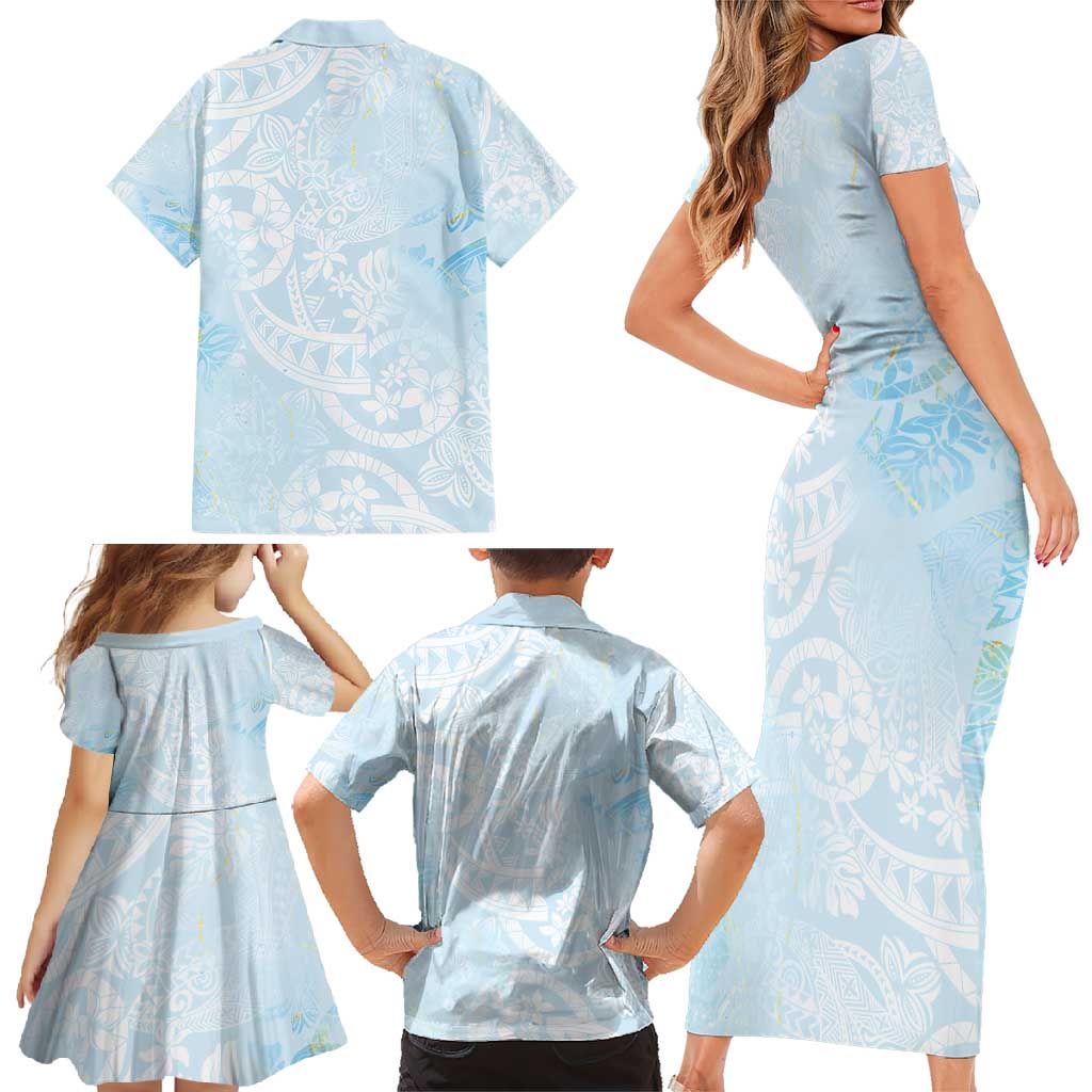 Polynesian Tiare Monstera Baby Blue Family Matching Short Sleeve Bodycon Dress and Hawaiian Shirt Liquid Style - Polynesian Pride