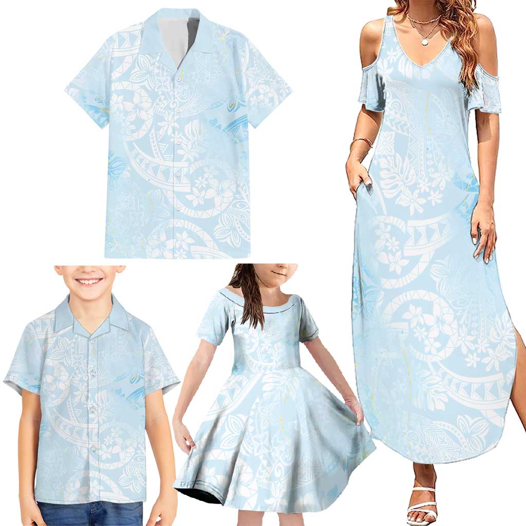 Polynesian Tiare Monstera Baby Blue Family Matching Summer Maxi Dress and Hawaiian Shirt Liquid Style - Polynesian Pride