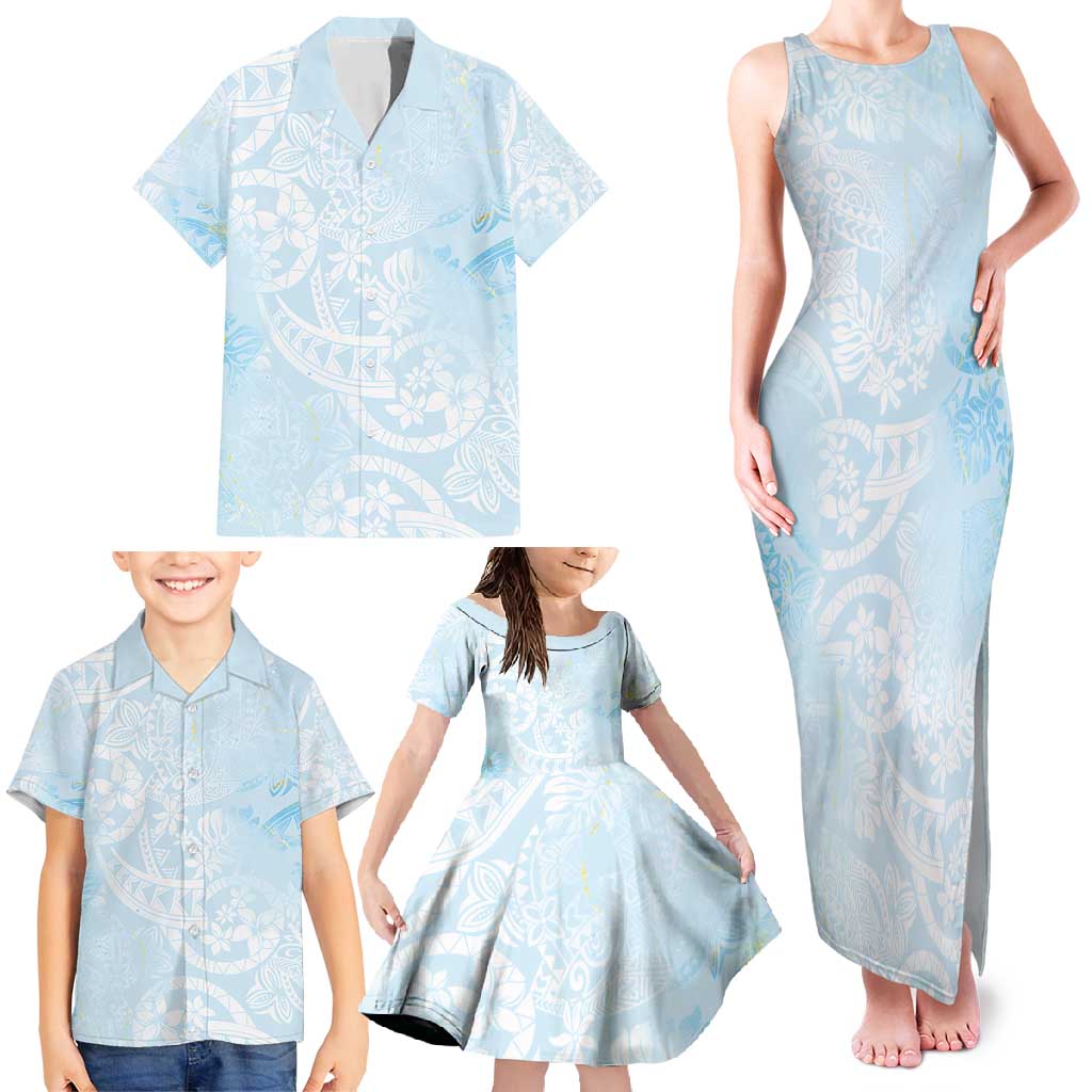 Polynesian Tiare Monstera Baby Blue Family Matching Tank Maxi Dress and Hawaiian Shirt Liquid Style - Polynesian Pride