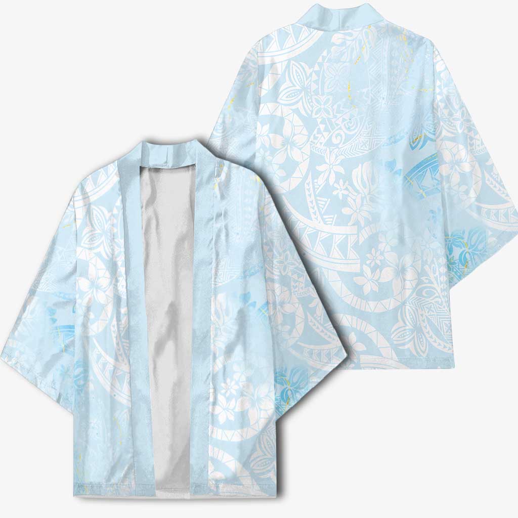 Polynesian Tiare Monstera Baby Blue Kimono Liquid Style - Polynesian Pride
