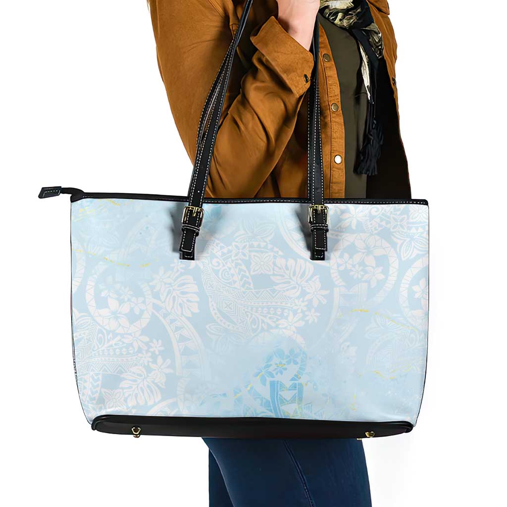 Polynesian Tiare Monstera Baby Blue Leather Tote Bag Liquid Style - Polynesian Pride