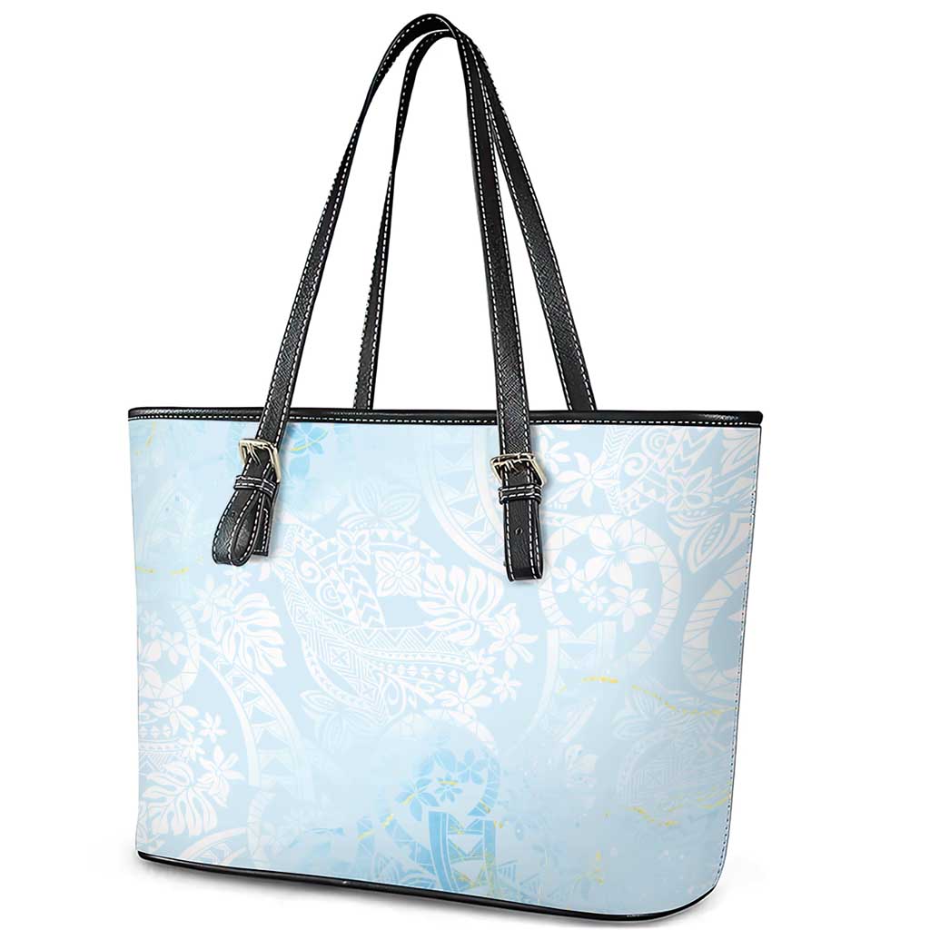 Polynesian Tiare Monstera Baby Blue Leather Tote Bag Liquid Style - Polynesian Pride
