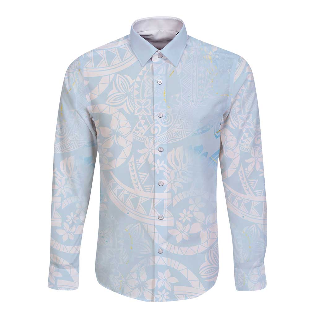 Polynesian Tiare Monstera Baby Blue Long Sleeve Button Shirt Liquid Style - Polynesian Pride