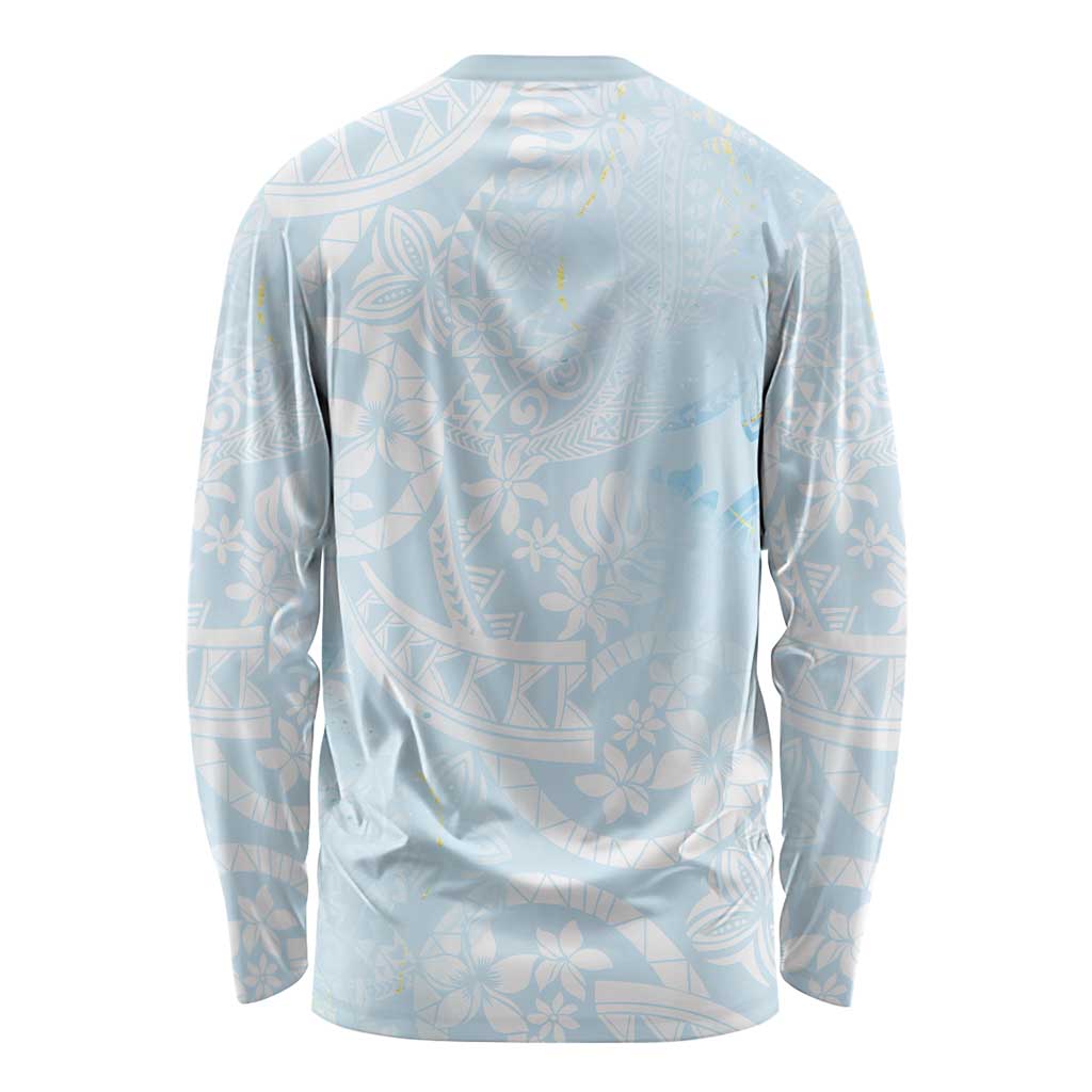Polynesian Tiare Monstera Baby Blue Long Sleeve Shirt Liquid Style - Polynesian Pride