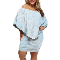 Polynesian Tiare Monstera Baby Blue Off Shoulder Short Dress Liquid Style - Polynesian Pride